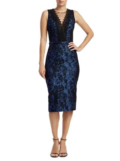 Theia Lace Trim Brocade Sheath Cocktail Dress In Cobalt Metallic/black In Blue