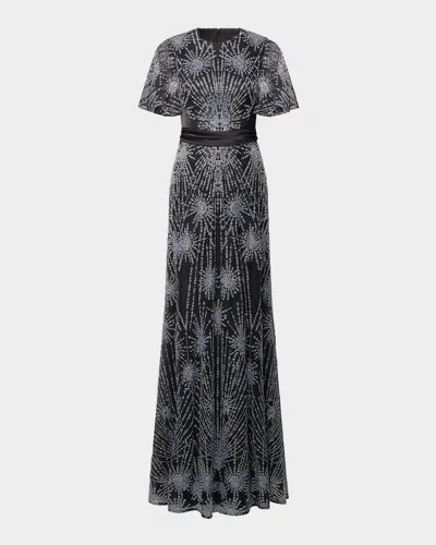 Theia Lavina Short-sleeve Beaded Mesh Gown In Blue