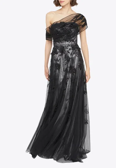 Theia Lenora Petal Embroidered One-shoulder Gown In Black
