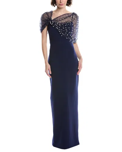 Theia Louella Pearl Shawl Gown In Blue