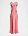 Theia Luella Floral Applique Illusion Shawl Gown In Sugar Coral