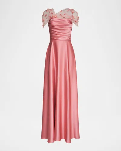 Theia Luella Floral Applique Illusion Shawl Gown In Sugar Coral
