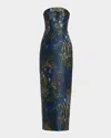 Theia Lynette Strapless Floral-print Column Gown In Blue