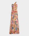 Theia Macie Ruched Floral-print Tulle Gown