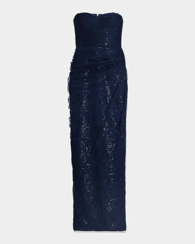 Theia Mal Beaded Lace Strapless Gown In Brown