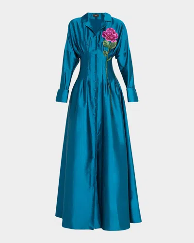 Theia Marlena Pleated Floral-embroidered Taffeta Gown In Blue