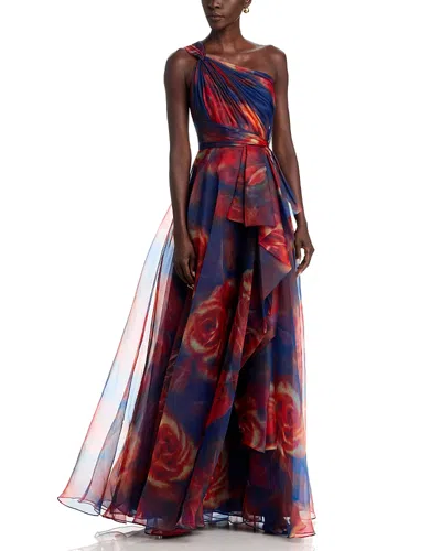 Theia Meadow Printed One Shoulder Gown In Purple