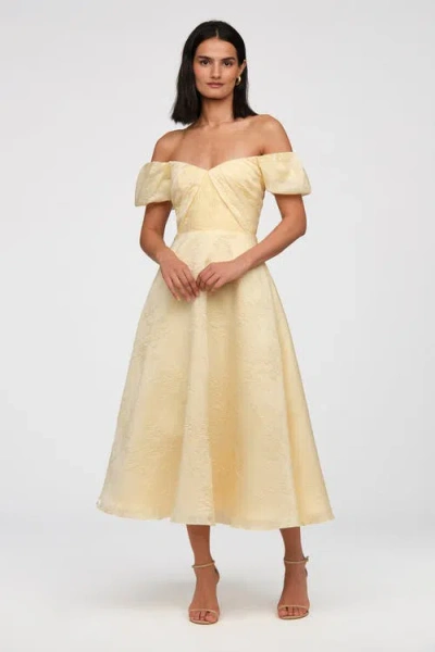 Theia Mel Off-shoulder Jacquard Midi Dress In Yellow