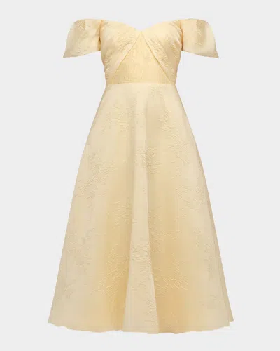 Theia Mel Off-shoulder Jacquard Midi Dress In Yellow