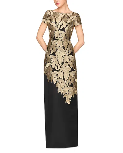 Theia Melina Gold Leaf Design Column Dress In Black