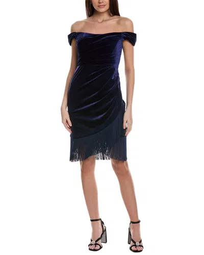 Theia Melissa Off-shoulder Fringe Velvet Midi Dress In Blue