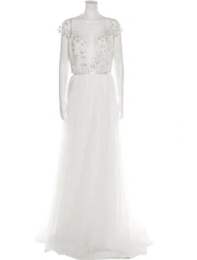 Pre-owned Theia Mesh Long Dress W/ Tags In White