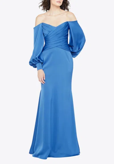 Theia Milenia Off-shoulder Satin Draped Gown In Blue