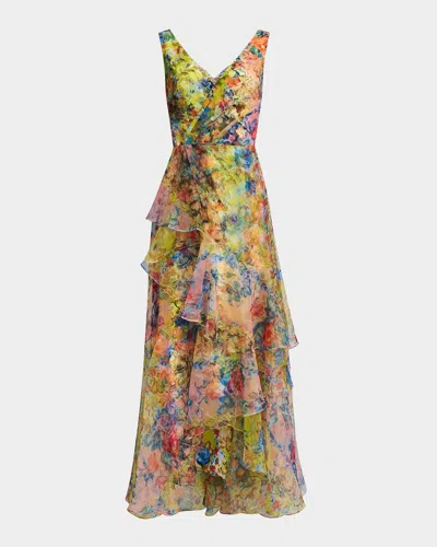 Theia Mindy High-low Ruffle Organza Gown In Heritage Patchwork Floral