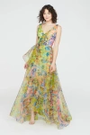 Theia Mindy Organza V-neck Gown In Heritage Patchwork Floral In Multi