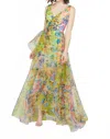 Theia Mindy Organza V-neck Gown In Heritage Patchwork Floral In Multi