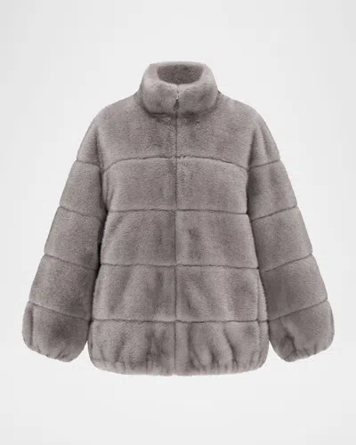 Theia Mink Faux Fur Zip Jacket In Dark Gray