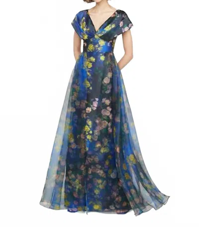 Theia Nadia Draped V Gown In Nightfall Garden