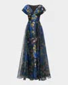 Theia Nadia Floral-print Empire Gown In Nightfall Garden