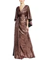 Theia Nadine Metallic Cape-sleeve Gown In Gold