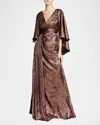Theia Nadine Metallic Cape-sleeve Gown In Rose Gold
