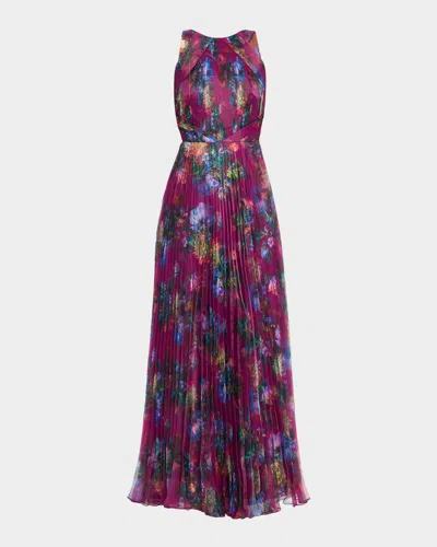 THEIA NAVEEN PLEATED FLORAL-PRINT ORGANZA GOWN