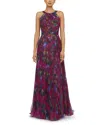 Theia Naveen Pleated Floral-print Organza Gown In Purple