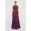 Theia Naveen Pleated Floral-print Organza Gown In Brown
