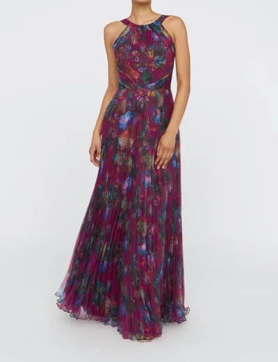 Theia Naveen Pleated Gown In Sangria Poppy Stripe In Multi