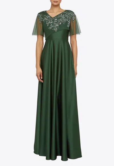 Theia Nerissa Asymmetric Beaded Gown In Green
