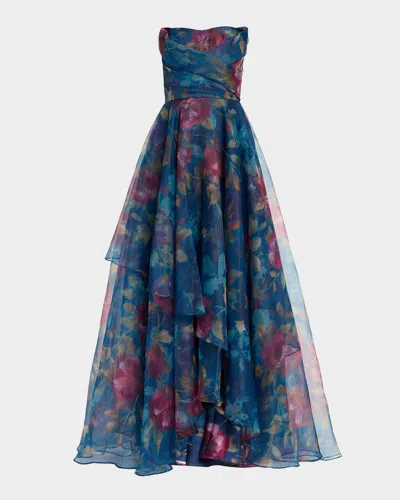 Theia Neve Strapless Floral High-low Gown In Animal Print