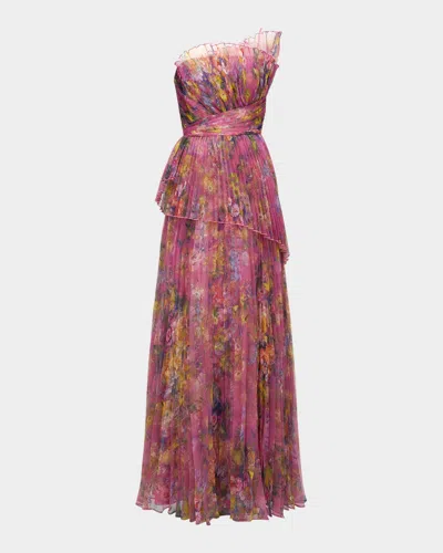 Theia Nicolette Pleated Floral-print Organza Gown In Hazy Daisy