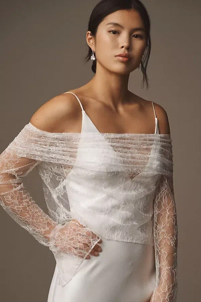 Theia Ocean Off-the-shoulder Long-sleeve Lace Bridal Topper In White