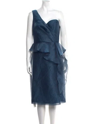 Pre-owned Theia One-shoulder Knee-length Dress In Blue