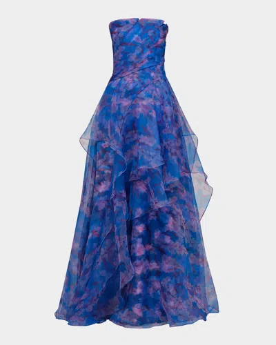 Theia Orelia Strapless Floral-print Orgnaza Gown In Blue