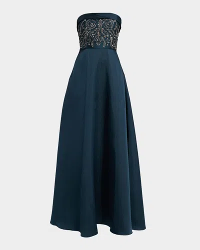 Theia Paloma Strapless Mikado A-line Gown In Blue