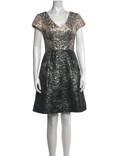Pre-owned Theia Patterned Knee-length Dress In Green