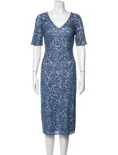 Pre-owned Theia Patterned Midi Length Dress In Blue