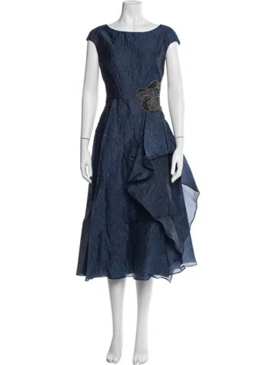 Pre-owned Theia Patterned Midi Length Dress W/ Tags In Blue