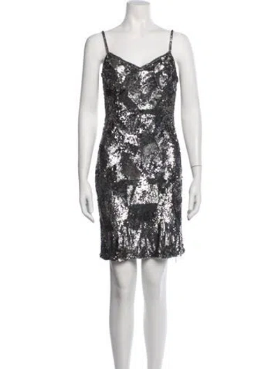 Pre-owned Theia Patterned Mini Dress In Silver