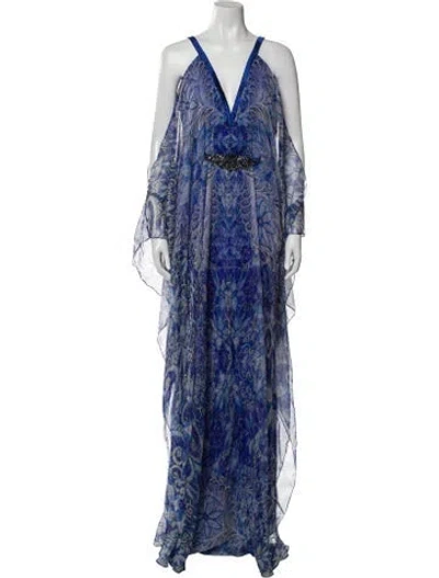 Pre-owned Theia Printed Long Dress In Blue