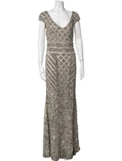 Pre-owned Theia Printed Long Dress In Brown