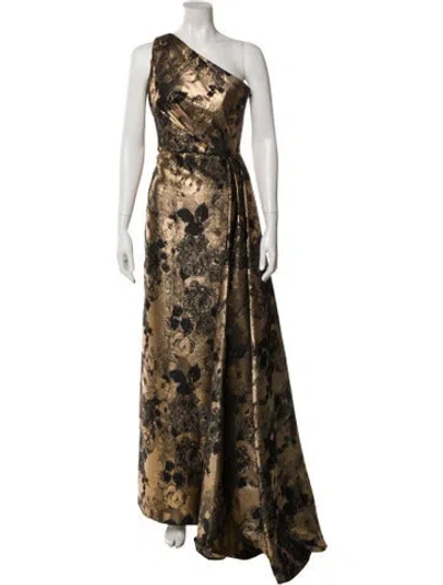 Pre-owned Theia Printed Long Dress In Gold