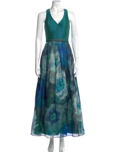 Pre-owned Theia Printed Long Dress In Green
