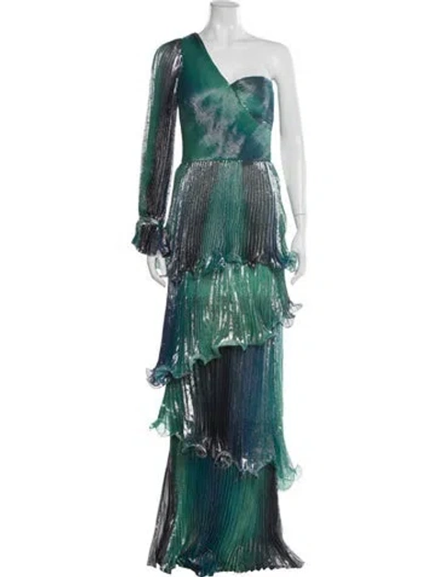 Pre-owned Theia Printed Long Dress In Green