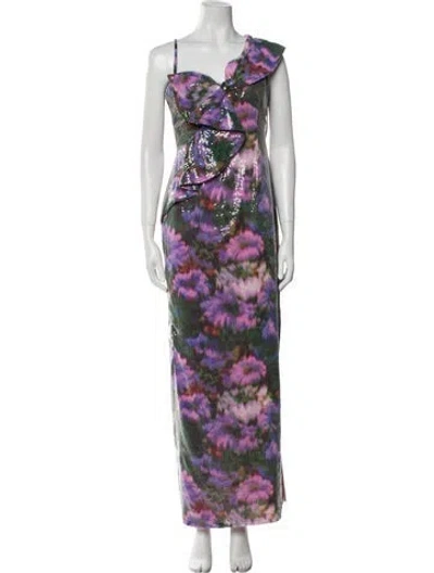 Pre-owned Theia Printed Long Dress In Purple