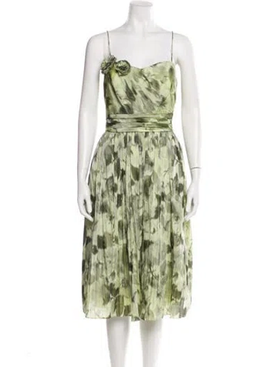 Pre-owned Theia Printed Midi Length Dress In Green