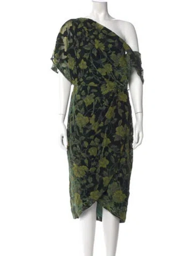 Pre-owned Theia Printed Midi Length Dress In Green