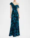 Theia Priscilla One-shoulder Velvet Jacquard Gown In Night Swim