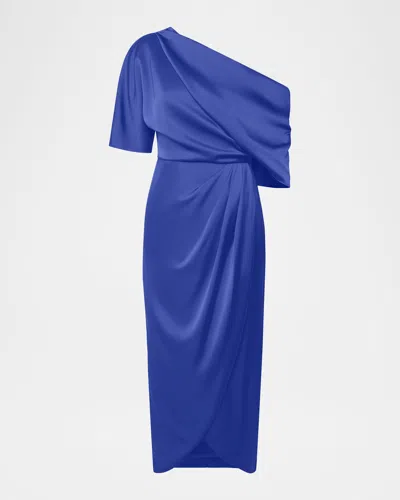 Theia Rayna Draped One-shoulder High-low Gown In Blue